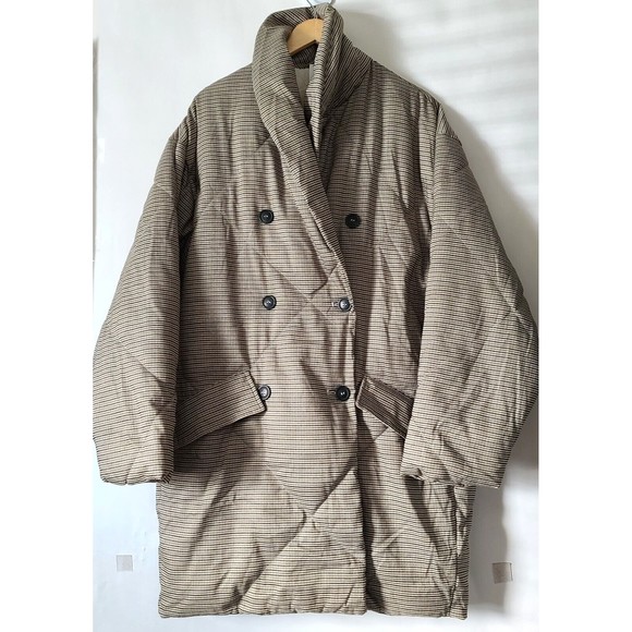 Free People Plaid Dre Cocoon Puffer Jacket Oversized Sz M Brown Button Frnt NWOT - Picture 3 of 16